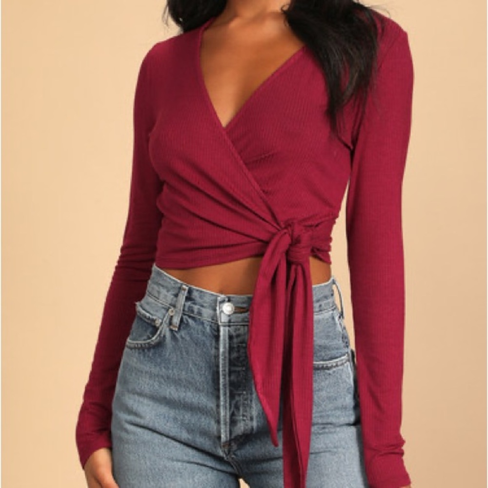 Lulus Maroon Ribbed Long Sleeve Wrap
